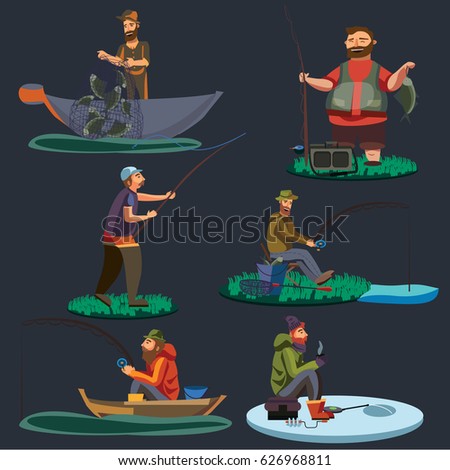 Fisherman catches fish sitting on boat and off shore,fisher threw rod into water, happy fishman holds catch and spin, man pulls net out of the river, fishing on ice icon vector illustration