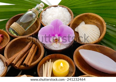 Wooden bowl of flower with cinnamon ,shell , oil, ,soap on green palm
