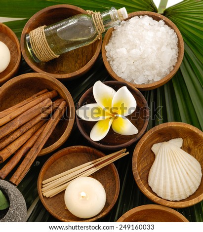 Wooden bowl of flower with cinnamon ,shell , oil ,soap on green palm