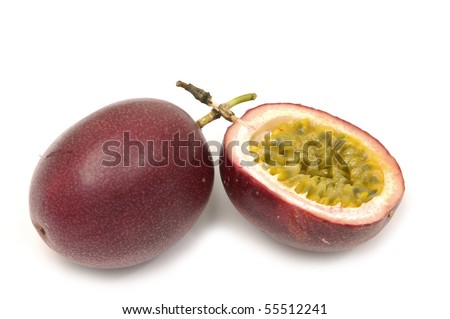 passion fruit , cut open on white