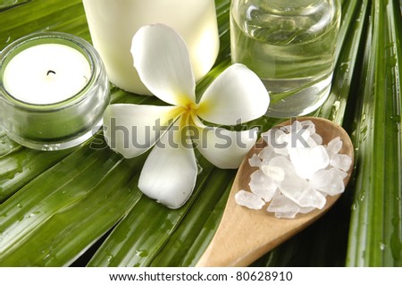 Frangipani flower and candles with massage oil and natural sea bath salt in wood bowl on palm leaf