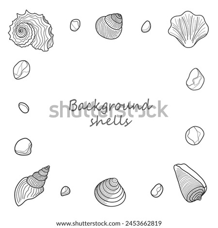 Square frame and background, shells and pebbles outline.
