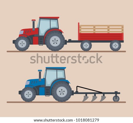 Two farm tractors isolated on beige background. Heavy agricultural machinery for field work. Flat style, vector illustration. 