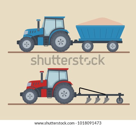 Two farm tractors isolated on beige background. Heavy agricultural machinery for field work. Flat style, vector illustration. 