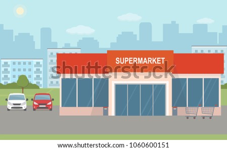 Supermarket building and two cars on city background. Urban landscape. Flat style, vector illustration. 
