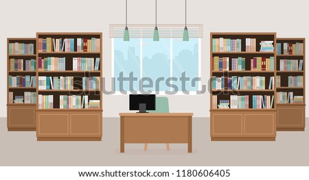 Modern library empty interior with bookcases, table, chair and computers. Vector illustration.