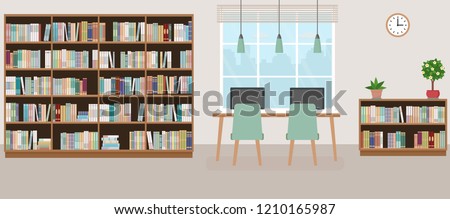 Modern library empty interior with bookcase, table, chairs and computers. Vector illustration.