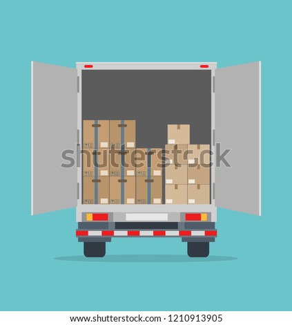 Open delivery truck with cardboard boxes. Isolated on blue background. Transport services, logistics and freight of goods. Flat style, vector illustration. 