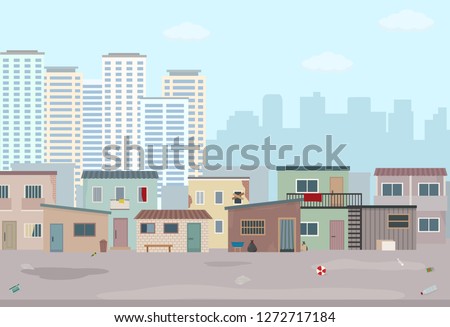 Old ruined houses and modern city. Contrast of modern buildings and poor slums. Flat style vector illustration.  Сток-фото © 