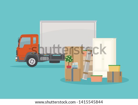 Moving into new House. Delivery truck, furniture and cardboard boxes. Isolated on blue background. Transport services and freight of goods. Flat style, vector illustration.