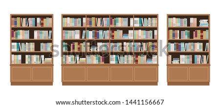 Three bookcases full of books. Isolated on white background. Education library and bookstore concept.  Vector illustration.