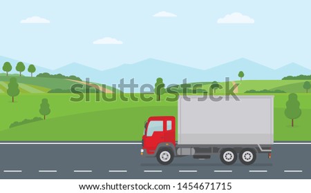 Truck moving on asphalt road along the green fields in rural landscape. Transport services concept. Flat style vector illustration. 