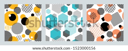 Three geometric seamless patterns with circles,squares, hexagons stripes and dots. Patterns for fashion and wallpaper. Vector illustration. 