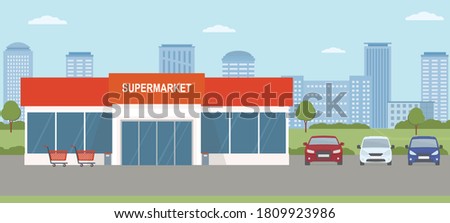 Supermarket building with parking lot. Urban landscape. Flat style, vector illustration.