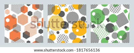 Three geometric seamless patterns with circles,squares, hexagons stripes and dots. Patterns for fashion and wallpaper. Vector illustration.