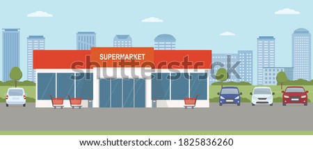 Supermarket building with parking lot. Urban landscape. Flat style, vector illustration.