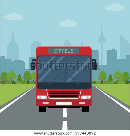 Picture of bus on the road with forest and big city silhouette on background, flat style illustration