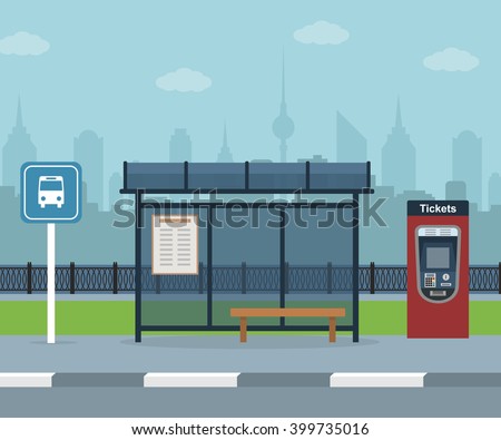 Bus stop with city background . Vector illustration. Flat design