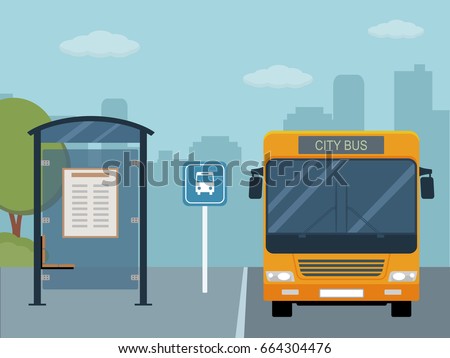 Picture of bus on the bus stop. Flat style illustration 