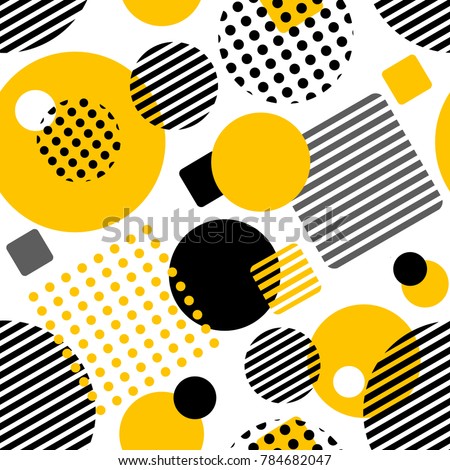 Geometric seamless pattern with circles,squares, stripes and dots. Pattern for fashion and wallpaper. Vector illustration. 