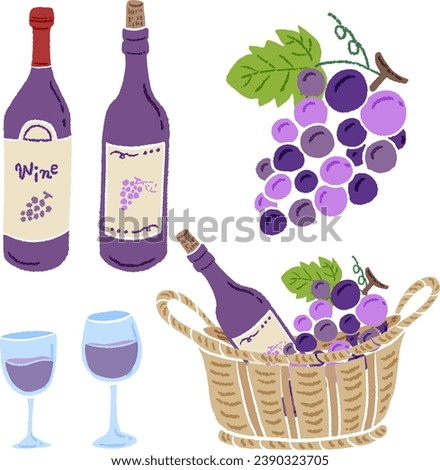 Hand-drawn stylish illustration of wine and grapes and wine bottles in a basket, colored pencil texture