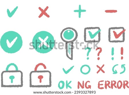 Hand drawn security, check mark and padlock icon set