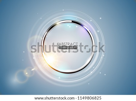 Futuristic abstract metal ring blue background. Chrome shine round frame with light circle and sun lens flare light effect. Vector glowing stainless steel logo element. Space for your message