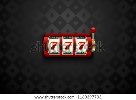 Vector red casino slot machine with lucky seven . Dark silk geometric card suits background. Online casino web banner, logo or icon. Winner casino poster