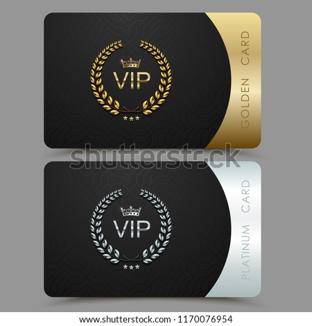 Vector VIP golden and platinum card. Black geometric pattern background with crown laurel wreath. Luxury design for vip member.