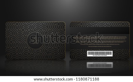 Vector template of membership or loyalty black VIP card with luxury golden geometric pattern. Front and back design presentation. Premium member, gift plastic card