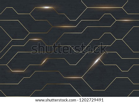 Seamless vector futuristic dark iron techno texture. Golden abstract electron energy line on brushed black metal background. Power vein light tech pattern.