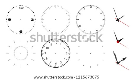 Clock face blank isolated on white background. Vector clock hands. Set for watch design.