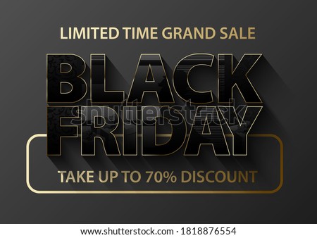 Black Friday vector banner. Glossy black text thin golden frame on dark grey background. Gifts glass effect reflection on letters. Limited time grand sale take up to 70 percent discount gold text