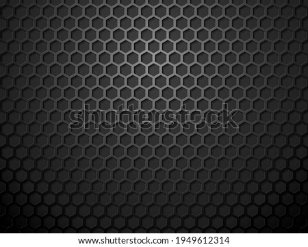 Vector metal hex grid black background. Black iron hexagonal grill texture. Technology wallpaper