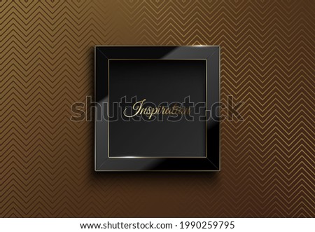 Vector square glossy black luxury frame with golden moulding. Dark gold geometric zigzag pattern. Logo header. Realistic glass frame with reflection gold edge on bronze background. Black Friday banner