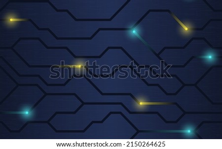 Seamless vector futuristic dark iron techno texture. Blue yellow abstract electron energy line on brushed dark metal background. Power vein light tech pattern