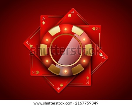 VIP poker red and golden chip on red aces and kings playing cards vector casino logo. Royal poker tournament or club emblem with LED light bulbs excitement luxury background