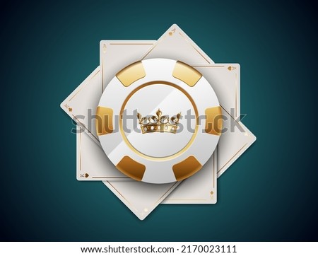 VIP poker luxury white and golden chip on white aces and kings playing cards vector casino logo. Royal poker tournament or club emblem with crown on turquoise background