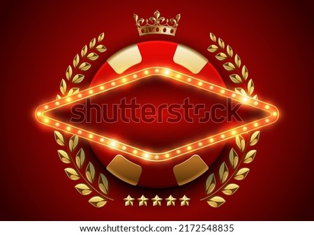 VIP poker luxury red gold chip, rhomboid frame shiny LED light bulbs vector casino logo. Royal poker club emblem with crown, laurel wreath, red background. Signboard lamps border rhomb casino banner