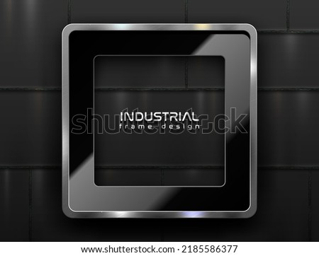 Square glossy black and brushed metal edge frame. Silver frame with glossy passe-partout on welded iron plates background. Vector chrome industrial tech rectangle border. For photo, message, logo