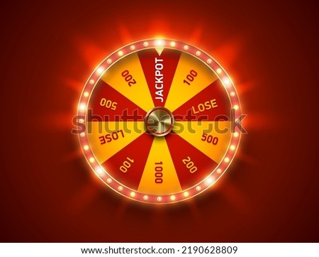 Bright fortune wheel spin mashine. Shiny led bulbs frame, isolated on red background. Casino banner design element or icon. Yellow red sector