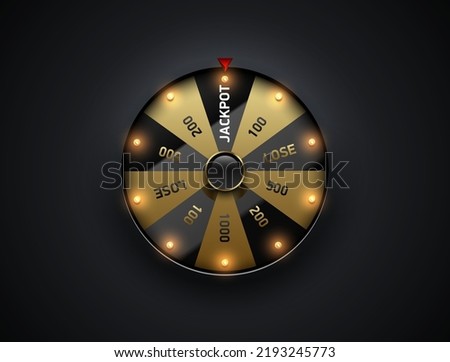 Luxury fortune wheel spin mashine. Cut frame, isolated on black background. Casino banner design element or icon. Golden and glossy black sector with led bulb light