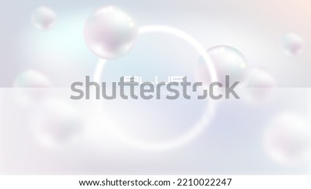Flying white natural pearl sphere, blur on light pearly background with white glow ring frame. Vector abstract delicate background with frosted glass in glassmorphism style for science or beauty