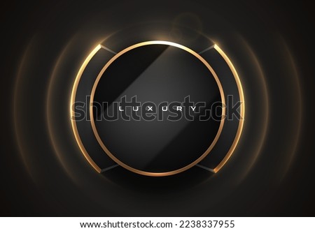 Glossy black circle logo frame, gold edge. Luxury dark frame, golden line brackets border black background. Abstract ring vector glow light waves. Vibration motion light effect. Resonance round frame