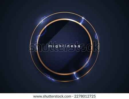 Abstract electric golden frame energy background. Gold shine round frame with lightning. Power light effect on purple glossy circle. High voltage charged vector blue glow shock explosion discharge
