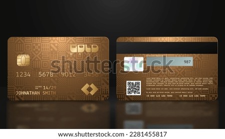 Vector realistic gold credit card with abstract folk geometric background. Golden credit card luxury design template. Bank presentation with hologram, qr-code and magnetic strip. Aztec pattern