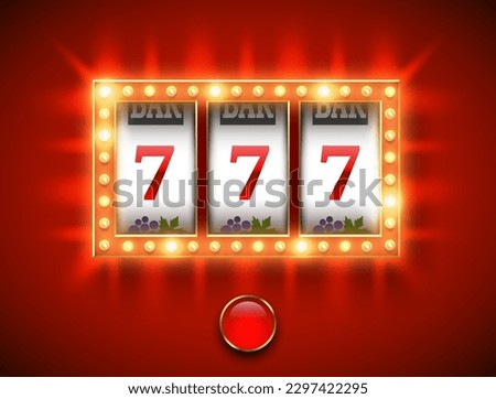 Bright lucky seven 777 slot machine. Spin button, shiny led bulbs frame on red background. Vector online casino vegas game. Gambling fortune chance web banner. Win jackpot 7, festive led bulb light