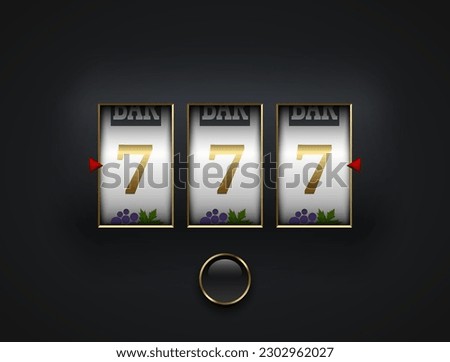 Lucky seven 777 slot machine. Spin button, cut frame, isolated on black background. Vector online casino vegas game. Gambling fortune chance web banner. Win jackpot golden 7, red arrow