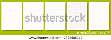 Notepad page layouts set in lined, squared, dotted, cross pattern. Note, notebook paper sheet on background. Vector illustration. Collection of white paper blank for memo or message. Print size A5