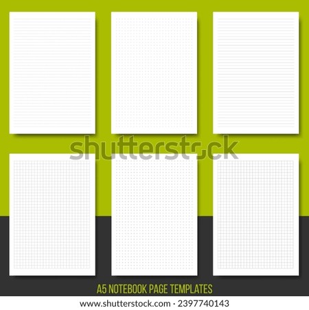 Notepad page layouts set in lined, squared, dotted, cross pattern. Note, notebook paper sheet on background. Vector illustration. Collection of white paper blank for memo or message. Print size A5